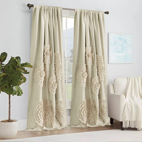 3D Floral Applique Window Curtains, Decorative Rod Pocket Drapes 54" x 84" (2 Panels)