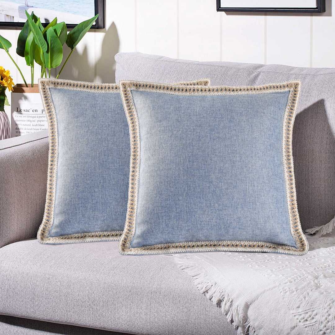 2 Piece Farmhouse Burlap Trimmed Decorative Pillow Covers with Floral Linen Lace Edge