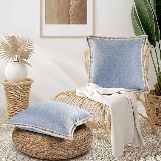 2 Piece Farmhouse Burlap Trimmed Decorative Pillow Covers with Floral Linen Lace Edge