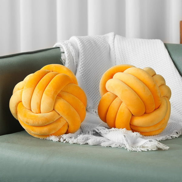11" Knot Ball Pillow Set of 2 – Soft Velvet Knot Cushions in Yellow for Home Decor