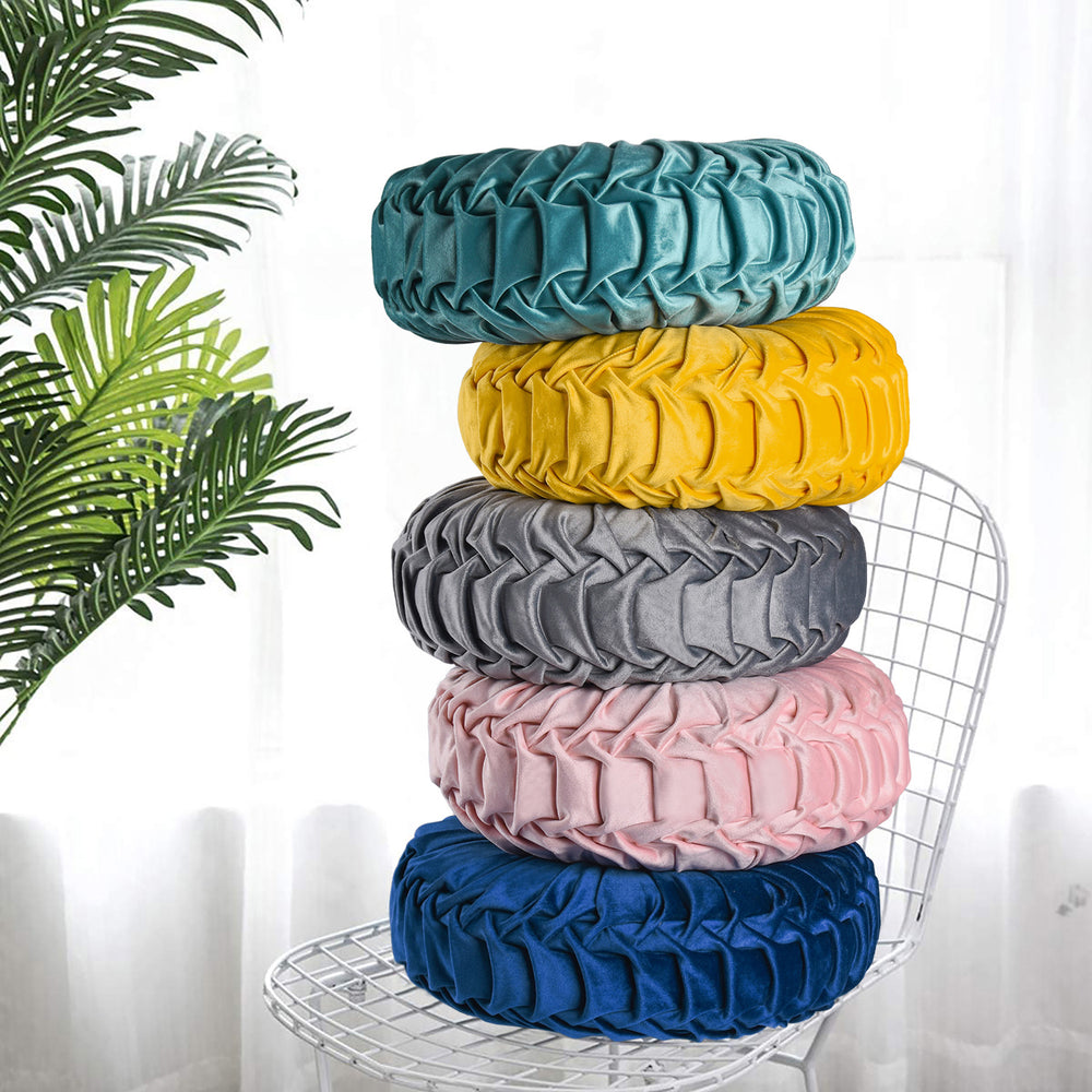 Set of 2 Decorative Velvet Round Pleated Throw Pillows,14.5" Diameter