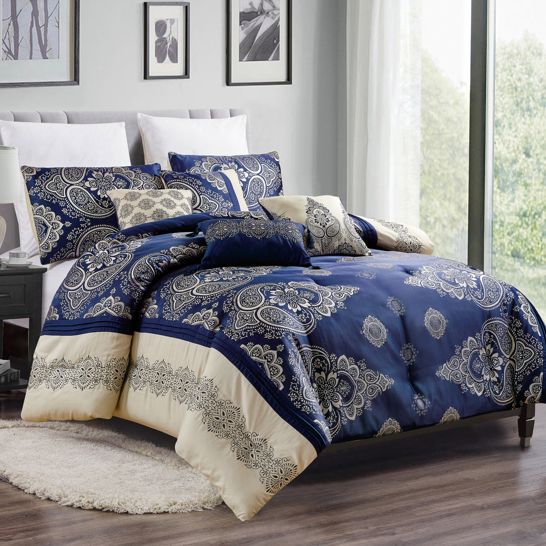 7 Piece Luxurious Navy Blue Jacquard Comforters Bed in a Bag Queen King Bedding Set