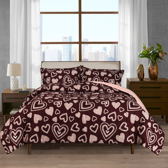 HIG Romantic Love Heart Print Comforter Set, 3 Piece Quilted Down Alternative Comforter with 2 Shams