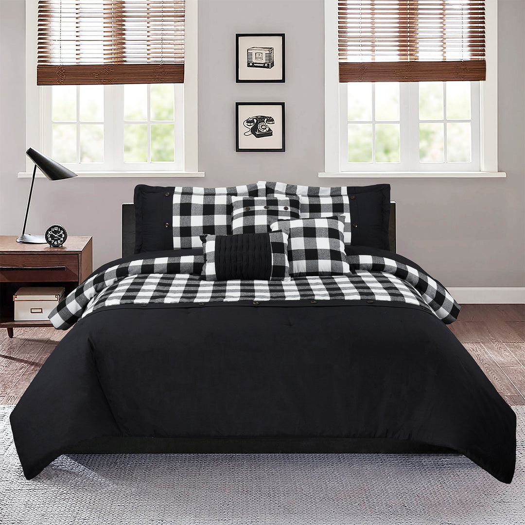 HIG Buffalo Plaid 7 Piece Black and White Bed in A Bag with Buttons, Modern Patchwork Color Block Comforter Set