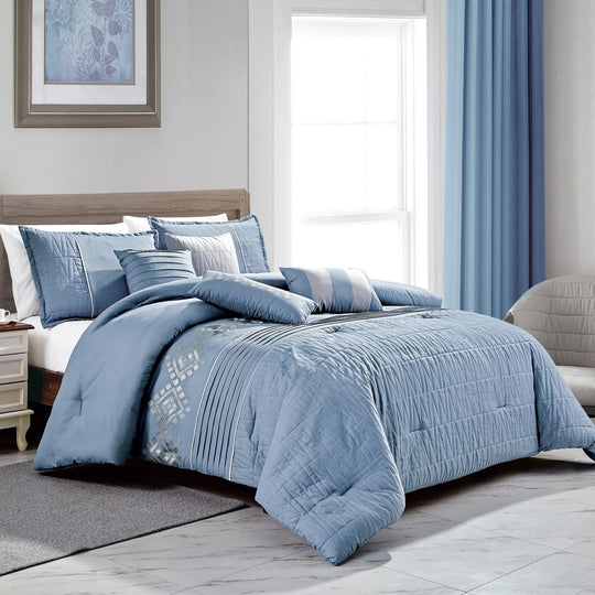 7 Piece Quilted Patchwork Blue Bed in a Bag Queen King Comforter Set - 22233