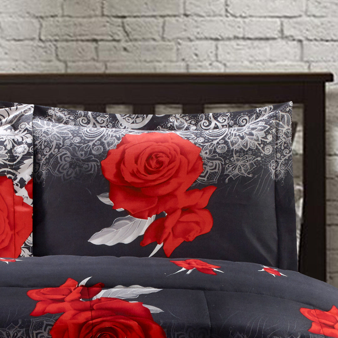 3D Print Red And White Rose All Season Quited Comforter Set