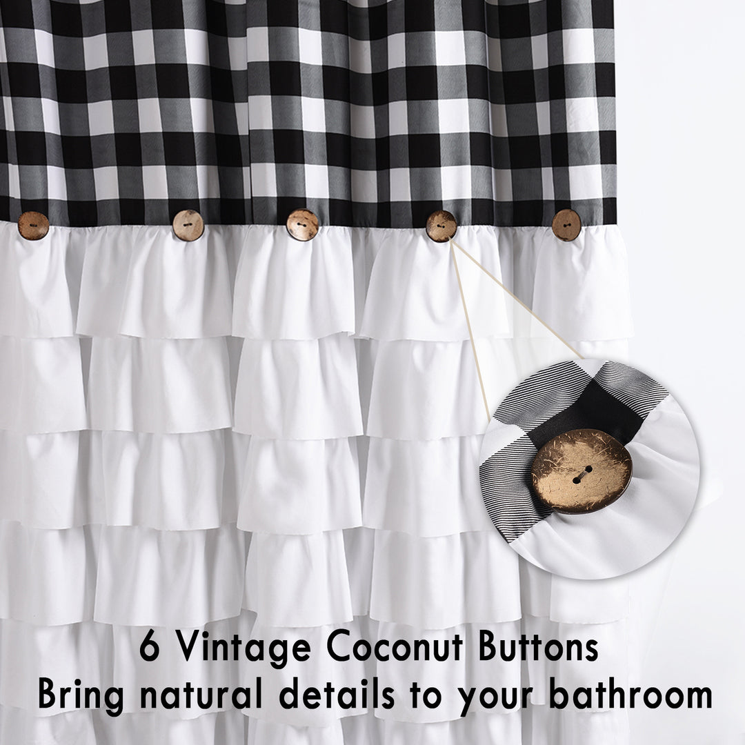 Chic Ruffled Shower Curtain with Black and White Buffalo Plaid, Boho Microfiber Bathtub Curtain with Natural Coconut Buttons, 72 x 72"