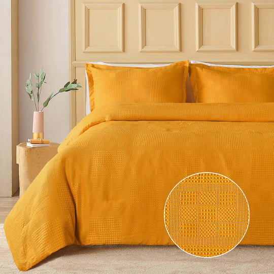 3 Pieces Textured Waffle Weave Comforter Set with Geometric Jacquard Pattern (Borya)