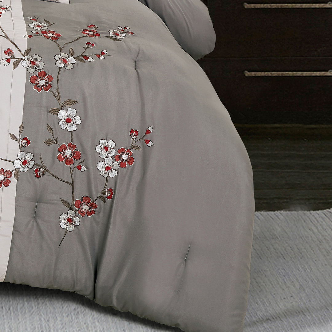 7 Piece Luxurious Plum Blossom Embroidered Comforters Bed in a Bag Queen King Bedding Set