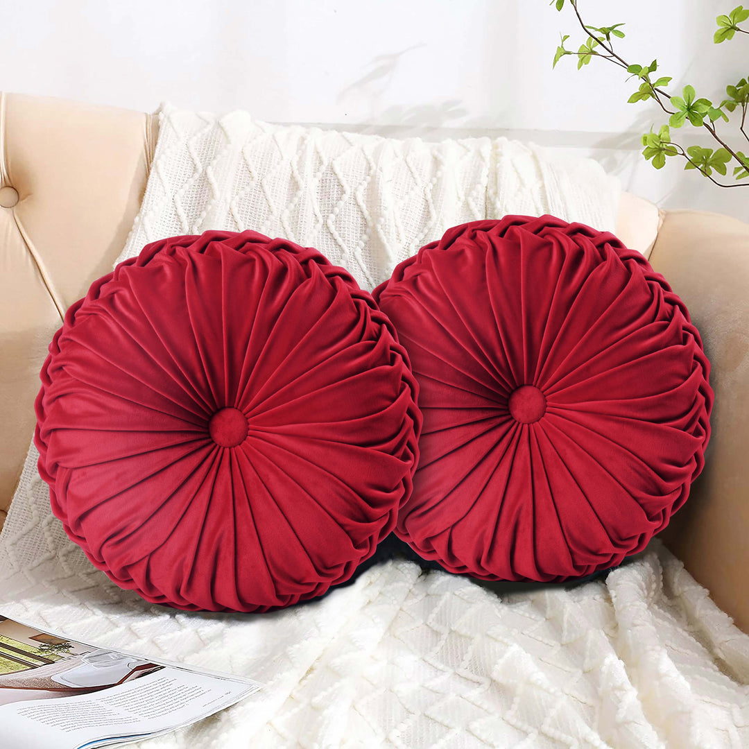 Set of 2 Decorative Velvet Round Pleated Throw Pillows,14.5" Diameter