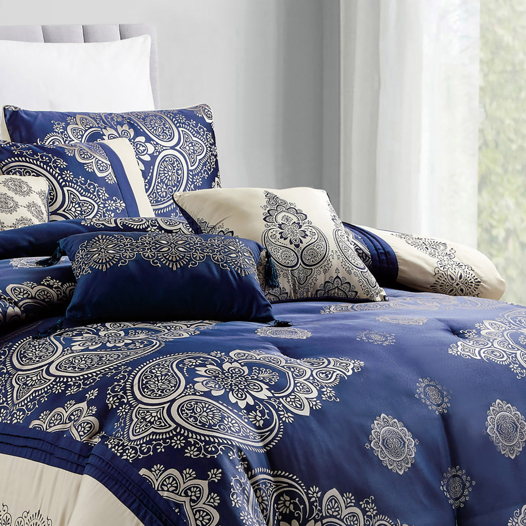 7 Piece Luxurious Navy Blue Jacquard Comforters Bed in a Bag Queen King Bedding Set