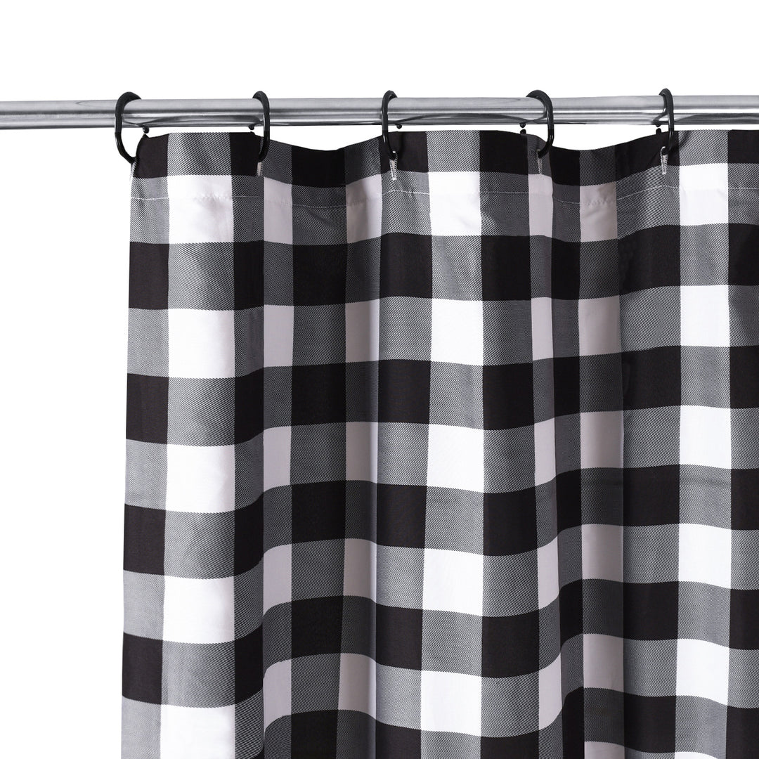 Chic Ruffled Shower Curtain with Black and White Buffalo Plaid, Boho Microfiber Bathtub Curtain with Natural Coconut Buttons, 72 x 72"
