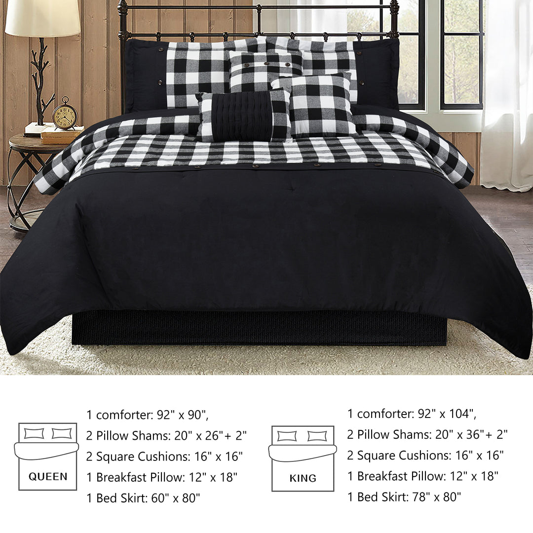 HIG Buffalo Plaid 7 Piece Black and White Bed in A Bag with Buttons, Modern Patchwork Color Block Comforter Set