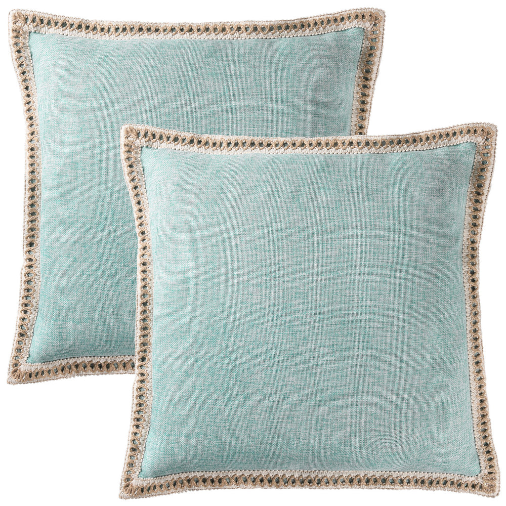 2 Piece Farmhouse Burlap Trimmed Decorative Pillow Covers with Floral Linen Lace Edge