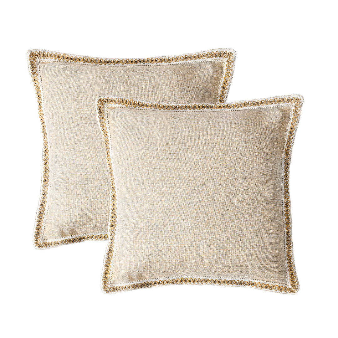 2 Piece Farmhouse Burlap Trimmed Decorative Pillow Covers with Floral Linen Lace Edge