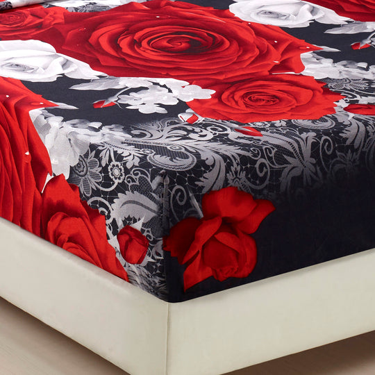 HIG 3D Print Sheet Set - 4 Piece Red And White Rose Printed Sheet Set Queen King Size