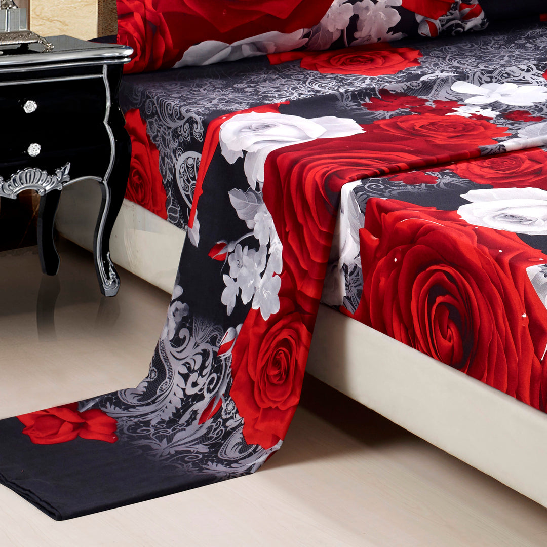 HIG 3D Print Sheet Set - 4 Piece Red And White Rose Printed Sheet Set Queen King Size
