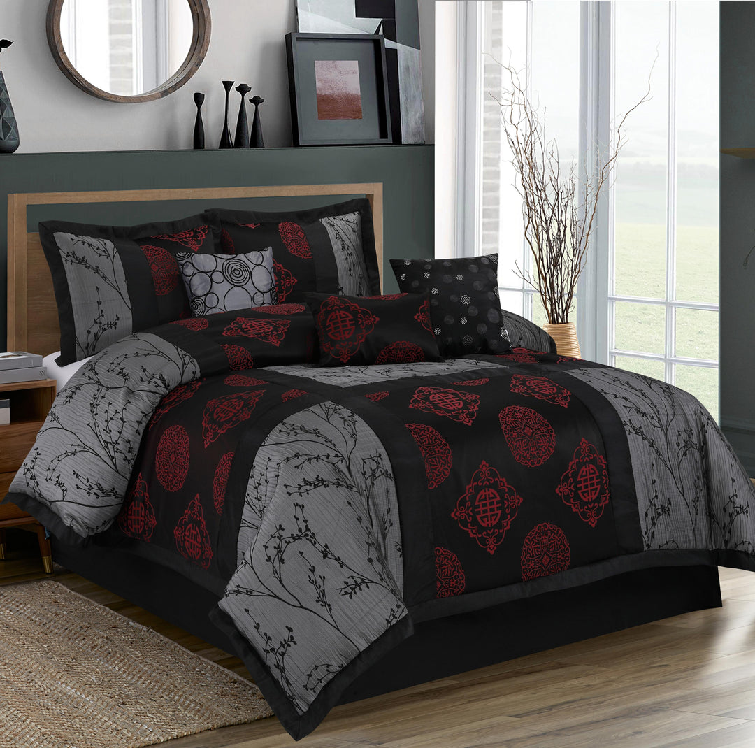 7-Piece Classic Branch Black Bed-in-a-bag - Patchwork Design Comforter Set-Shangrula