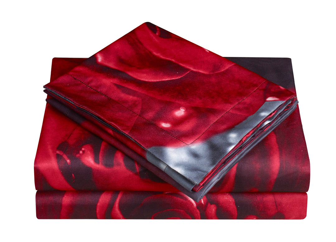 HIG 3D Print Sheet Set - 4 Piece Red Rose and Love Printed Sheet Set Queen King Size